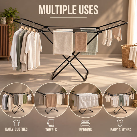 KRISHYAM® Foldable Clothes Drying Stand for Home, Metal Gullwing Laundry Drying Rack with Adjustable Wings, Multiple Drying Rods & Anti-Slip Feet for Balcony & Indoor Use, 185 x 51 x 95 cm, Black