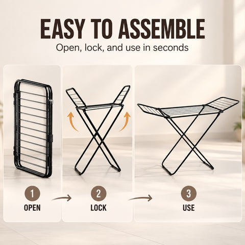 KRISHYAM® Foldable Clothes Drying Stand for Home, Metal Gullwing Laundry Drying Rack with Adjustable Wings, Multiple Drying Rods & Anti-Slip Feet for Balcony & Indoor Use, 185 x 51 x 95 cm, Black