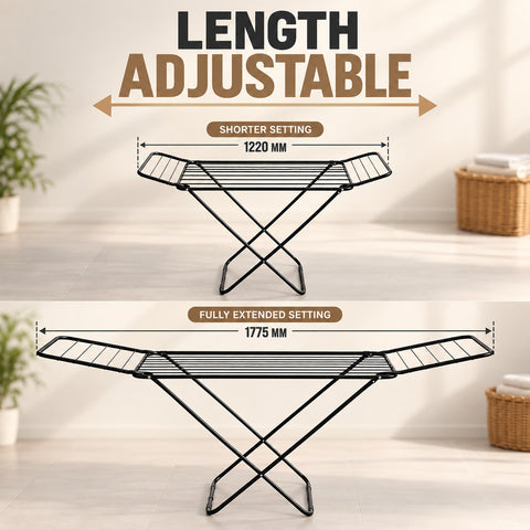 KRISHYAM® Foldable Clothes Drying Stand for Home, Metal Gullwing Laundry Drying Rack with Adjustable Wings, Multiple Drying Rods & Anti-Slip Feet for Balcony & Indoor Use, 185 x 51 x 95 cm, Black