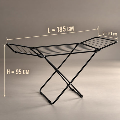 KRISHYAM® Foldable Clothes Drying Stand for Home, Metal Gullwing Laundry Drying Rack with Adjustable Wings, Multiple Drying Rods & Anti-Slip Feet for Balcony & Indoor Use, 185 x 51 x 95 cm, Black