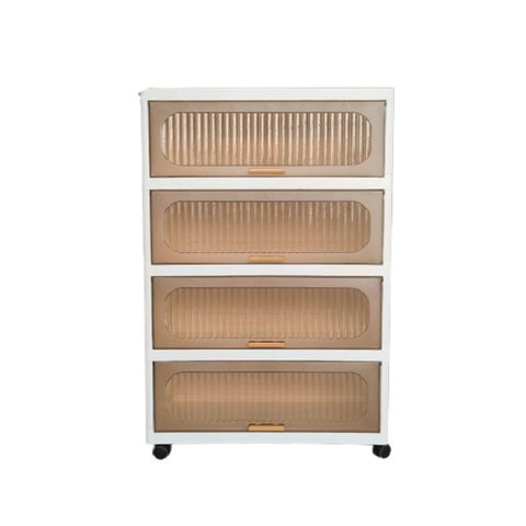 KRISHYAM® Modular Plastic Storage Cabinet with Translucent Doors & Wheels | Multi-Tier Clothes & Utility Organizer | Dustproof Freestanding Wardrobe (4 Layer - 4 Door (White))