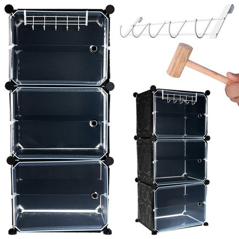 KRISHYAM® Plastic Shoe Rack for Home with Door | Modular Stackable Shoe Organizer | Waterproof & Dustproof Shoe Storage Rack for Bedroom, Entryway & Closet | 3 Door 6 Step (Black)