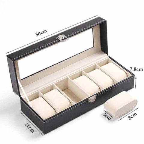 KriShyam® Wrist Watch Storage Box Display Case Organizer of Faux Leather Finish with Glass Window 6 Slot 30x8x11 cm