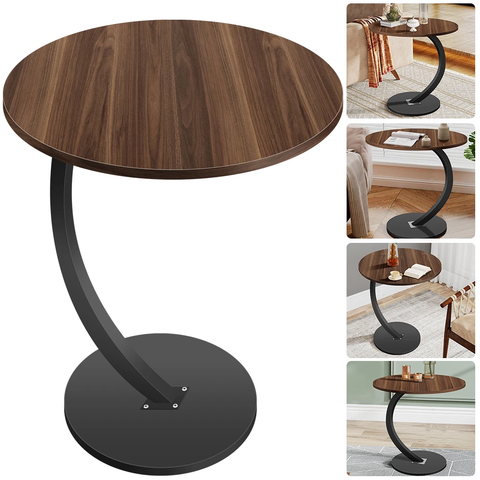KRISHYAM® Modern C-Shaped Side Table with Wooden Round Top & Metal Base | Sofa End Table for Living Room, Bedroom & Office | Walnut Finish Top with Black Metal Stand