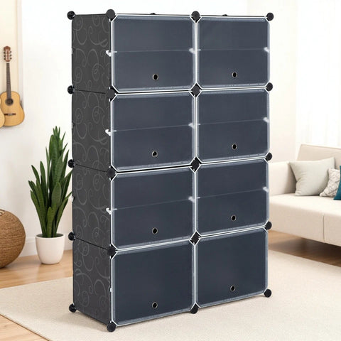 KRISHYAM® 16 Step Modular Shoe Rack Cabinet with Flip Doors & Side Hooks, Stackable Plastic Shoe Storage Organizer for Entryway, Bedroom & Closet, Space Saving Multi Layer (8 Door 16 Step (Black))