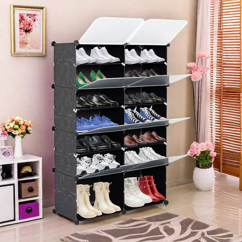 KRISHYAM® 16 Step Modular Shoe Rack Cabinet with Flip Doors & Side Hooks, Stackable Plastic Shoe Storage Organizer for Entryway, Bedroom & Closet, Space Saving Multi Layer (8 Door 16 Step (Black))