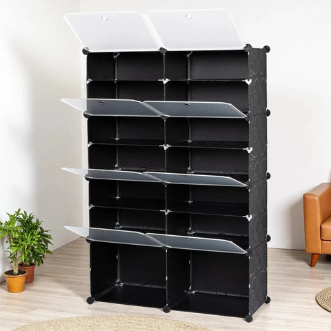 KRISHYAM® 16 Step Modular Shoe Rack Cabinet with Flip Doors & Side Hooks, Stackable Plastic Shoe Storage Organizer for Entryway, Bedroom & Closet, Space Saving Multi Layer (8 Door 16 Step (Black))