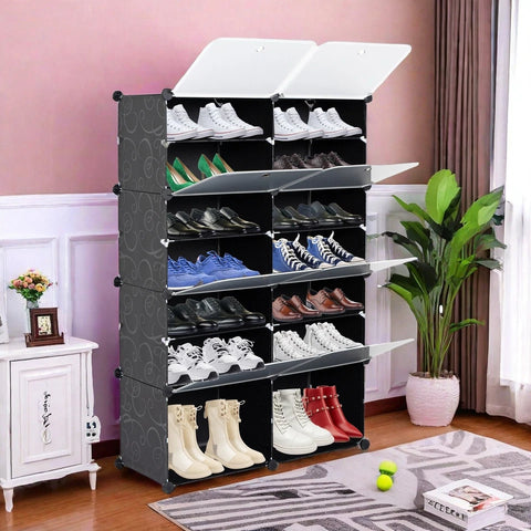 KRISHYAM® 16 Step Modular Shoe Rack Cabinet with Flip Doors & Side Hooks, Stackable Plastic Shoe Storage Organizer for Entryway, Bedroom & Closet, Space Saving Multi Layer (8 Door 16 Step (Black))