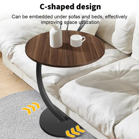KRISHYAM® Modern C-Shaped Side Table with Wooden Round Top & Metal Base | Sofa End Table for Living Room, Bedroom & Office | Walnut Finish Top with Black Metal Stand
