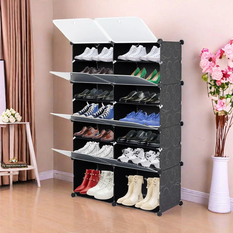 KRISHYAM® 16 Step Modular Shoe Rack Cabinet with Flip Doors & Side Hooks, Stackable Plastic Shoe Storage Organizer for Entryway, Bedroom & Closet, Space Saving Multi Layer (8 Door 16 Step (Black))