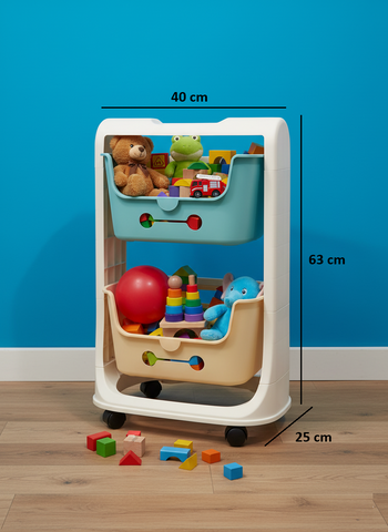 KRISHYAM® Multi-Layer Toy Storage Organizer Rack with Wheels | Kids Toy Shelf with Removable Bins for Toys, Books & Stationery (2-Tier Kids Basket (Matte Finish)