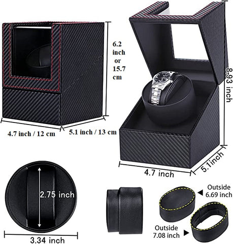 KriShyam® Single Watch Winder for Automatic Watches, Carbon Fiber Leather Automatic Watch Winder, Silent Motor, Transparent Glass Window, Double Ball Bearing Wristwatch Display Case Box